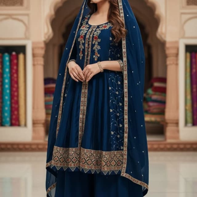 Deep Blue with Gold and Red Embroidery Anarkali Suit with Palazzo Pants and Dupatta