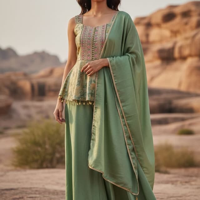 Sage Green, Pink, Gold, Beige Kurta Set with Palazzo and Dupatta