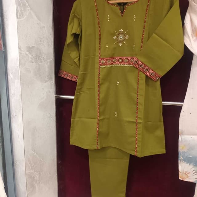 Olive Green with Red and White accents Kurta and Pants Set