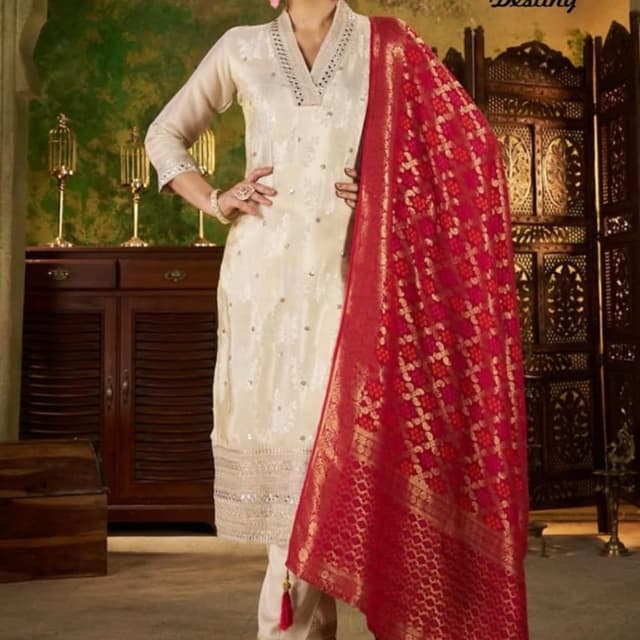 Cream, Red, Gold Kurta Set
