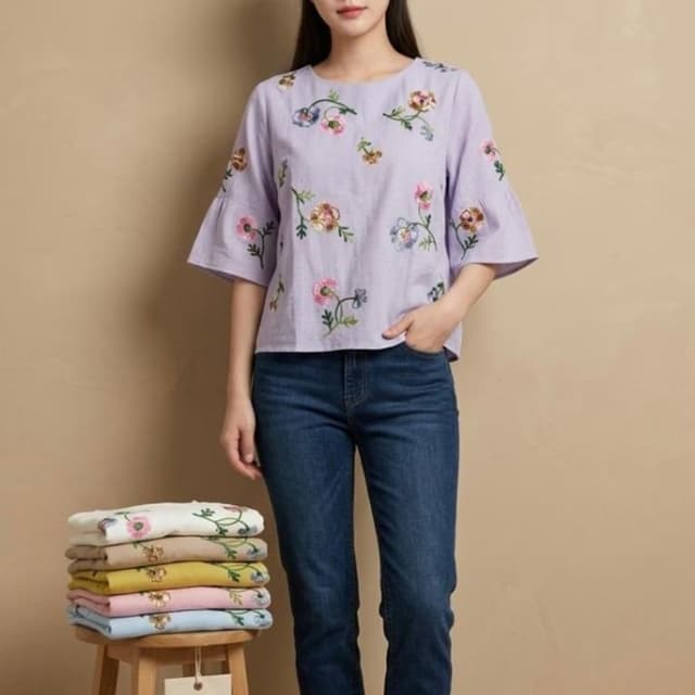 Lavender with multi-colored floral embroidery Top
