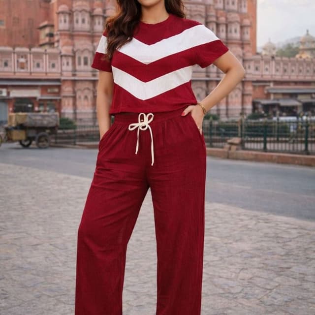 Maroon and White Two-piece set (Top and Pants)