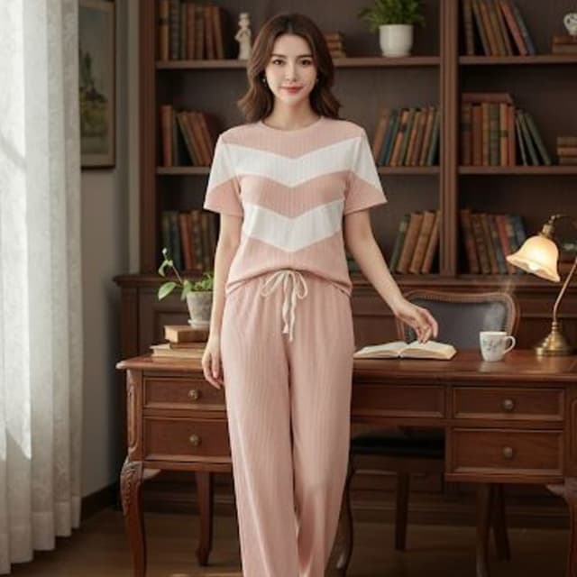 Pink and white chevron pattern on top, solid pink pants Pajama set