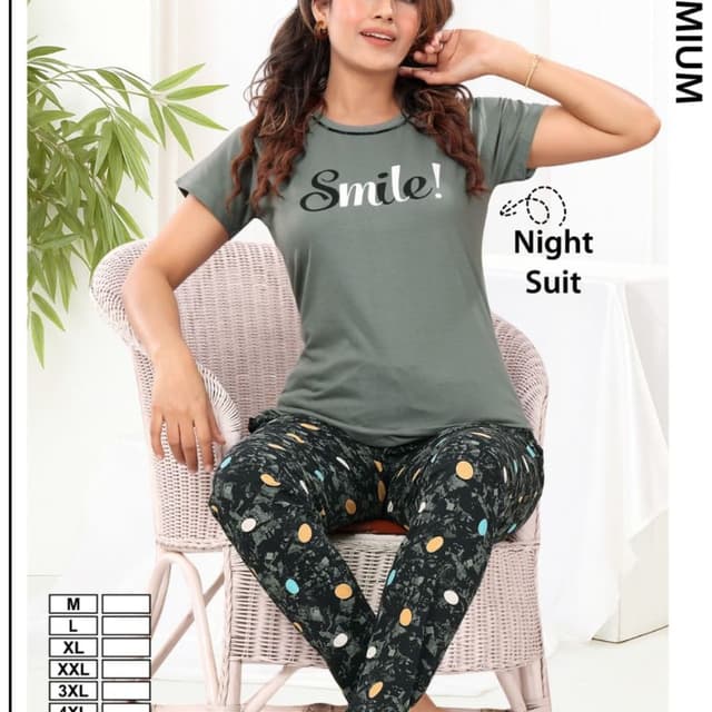 Olive green top with black and multi-colored polka dot pants Night Suit