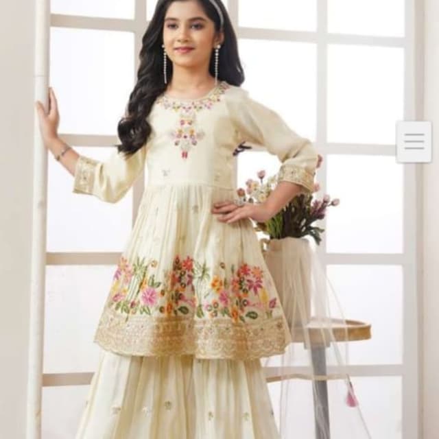 Off-white with multicolor floral embroidery and gold accents Sharara Set
