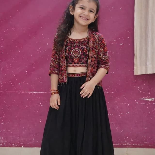 Black with red, maroon, and gold accents Lehenga Choli with Jacket