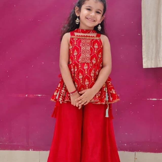 Red, Gold Kurta Set with Palazzo Pants