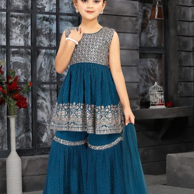 Teal blue with silver embellishments Sharara set