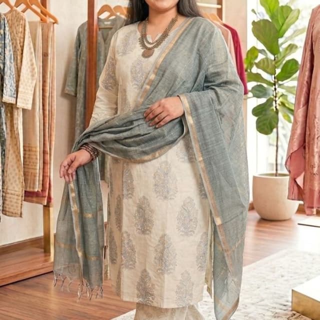 Off-white, Grey, Gold Kurta set with Dupatta