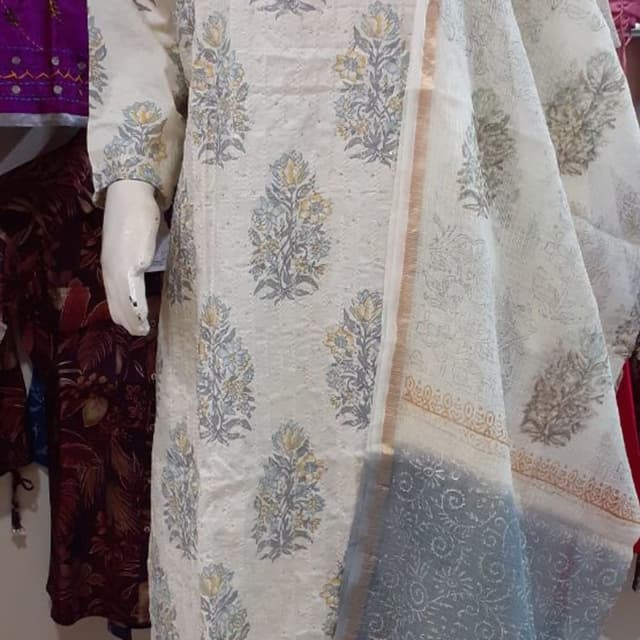 Off-white with blue and yellow floral print, grey dupatta border Kurta Set