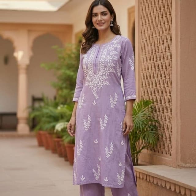 Lavender with White embroidery Kurta Set (Kurta and Pants)