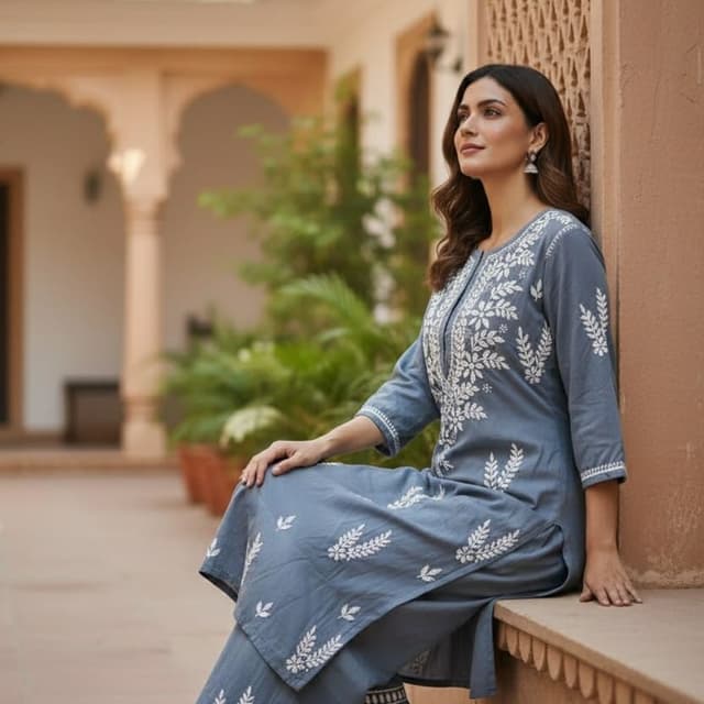 Blue with White Kurta Set