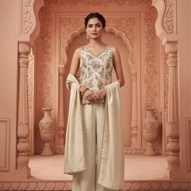 Cream, Floral (Pink, Purple, Green, Yellow) Co-ord Set (Top and Pants) with Dupatta