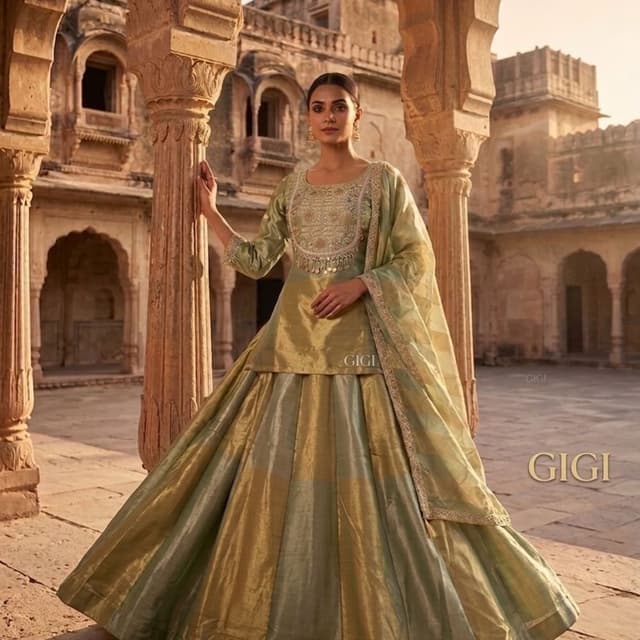 Olive Green, Gold Lehenga Choli
