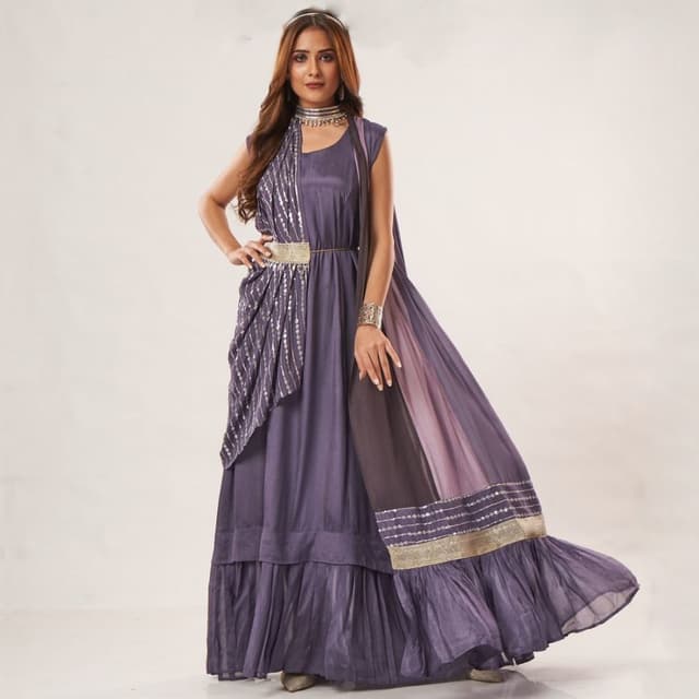 Purple, Grey, Silver Anarkali Gown