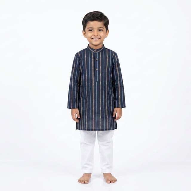 Navy blue with vertical stripes in shades of grey and brown Kurta Pajama
