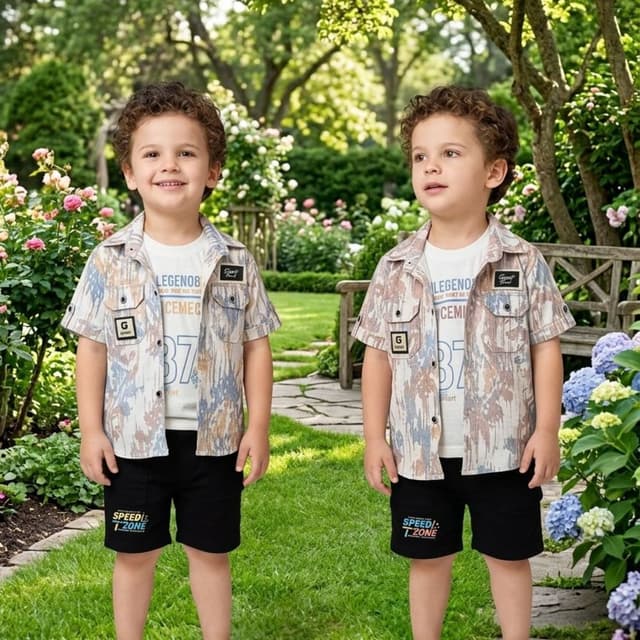Multicolor abstract print (beige, blue, brown, white) Shirt and Shorts Set
