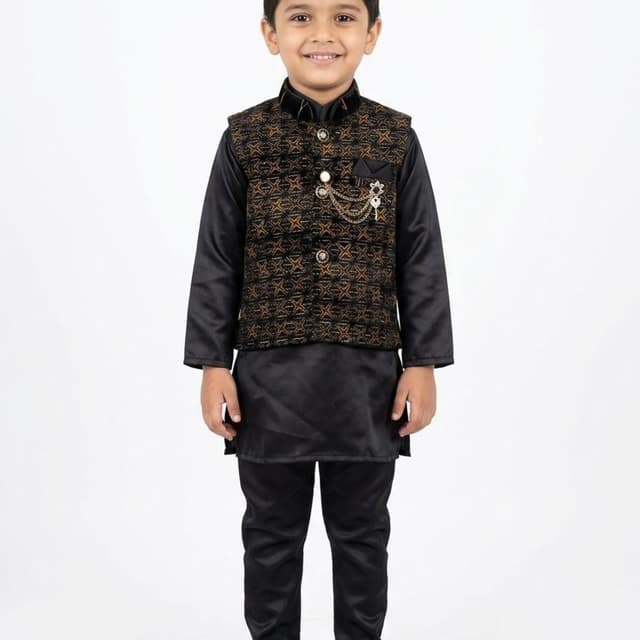 Black with gold and bronze accents Kurta Pajama with Nehru jacket