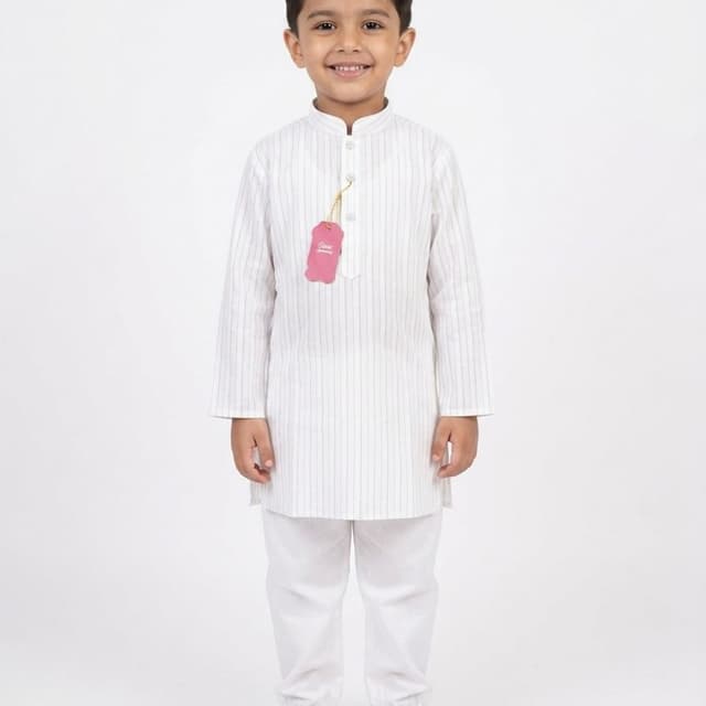 White with thin grey pinstripes Kurta Pajama Set