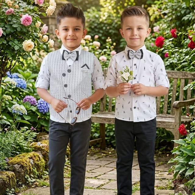 White, Grey, Black Boys' Formal Outfit (Shirt, Vest, Trousers, Bowtie)