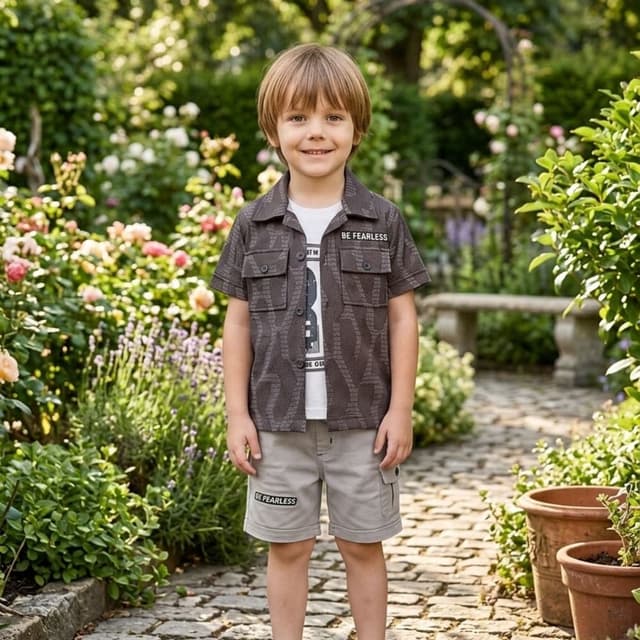 Grey, White Shirt and Shorts Set