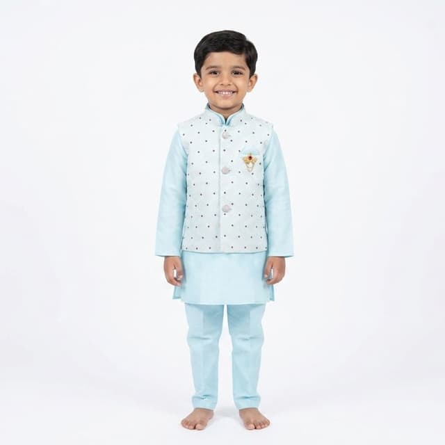 Light Blue Kurta Set with Nehru Jacket