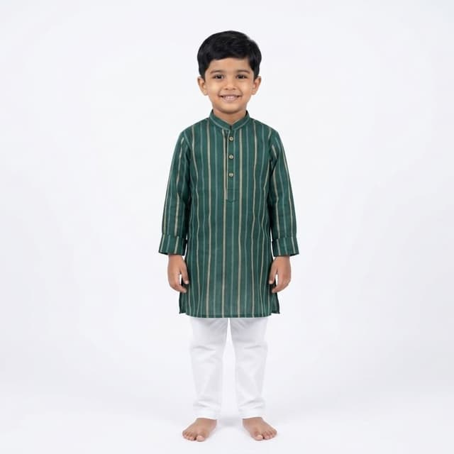 Deep Green with Gold and White Stripes Kurta and Pants Set
