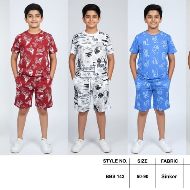 White with black print, Red with white print, Blue with white print T-shirt and Shorts Set