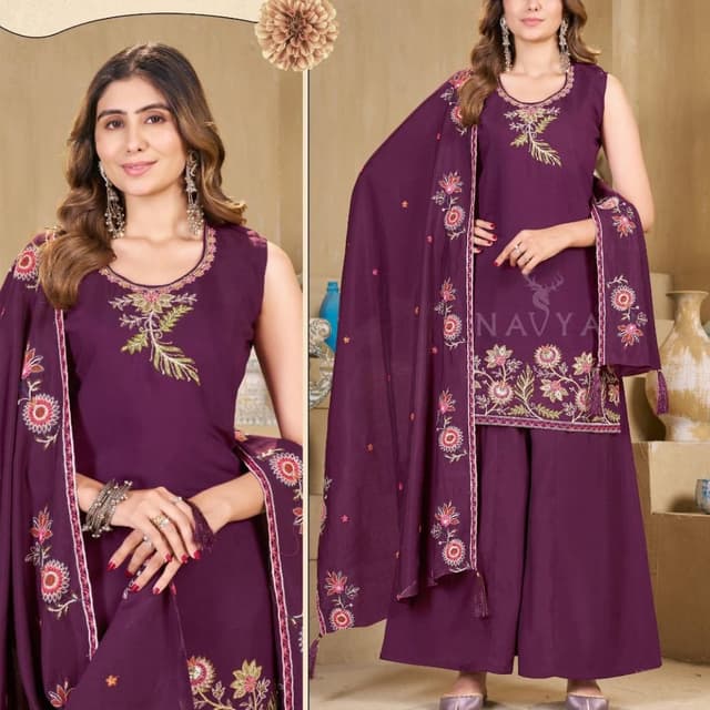 Deep Purple, Pink, Green, Gold Kurta Set with Palazzo and Dupatta