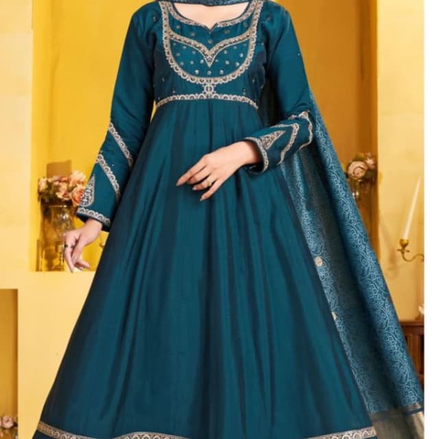 Teal, Gold Anarkali Suit with Palazzo
