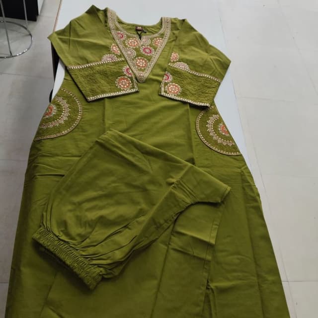 Olive green base with multicolored floral embroidery accents Kurta Set