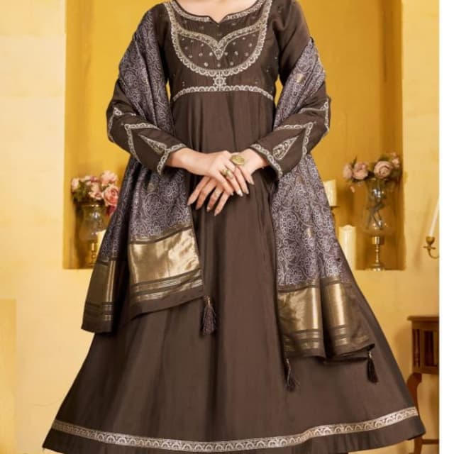 Brown, Gold, Grey Anarkali Suit with Palazzo Pants and Dupatta