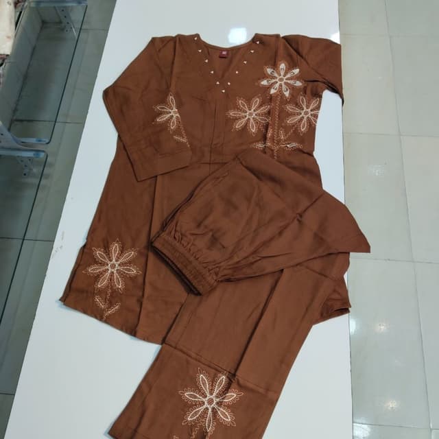 Brown with White Embroidery Kurta and Pants Set