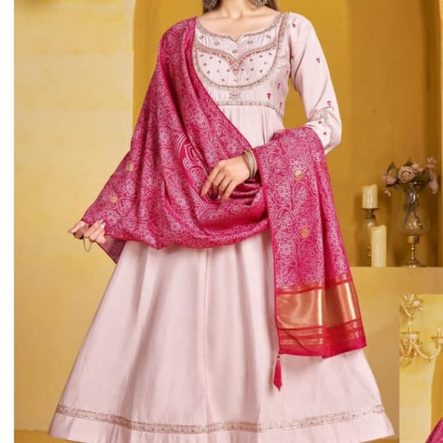 Pastel pink and fuchsia with gold accents Anarkali Suit Set with Palazzo Pants