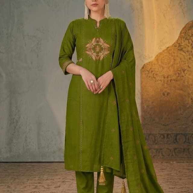 Olive Green, Gold Kurta Set