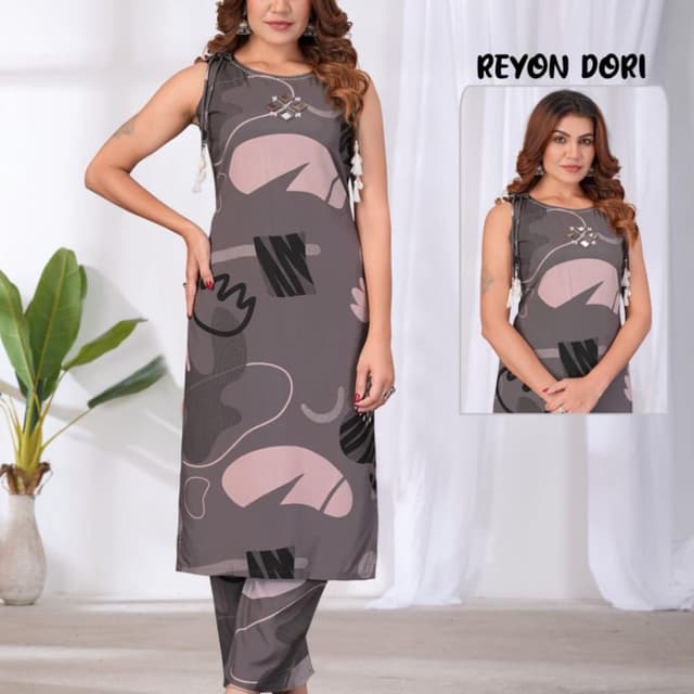 Grey with pink and black abstract print Kurta and Pant Set