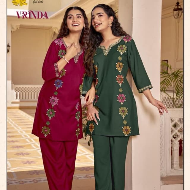 Maroon, Green, Multi-color floral embroidery Kurta Set