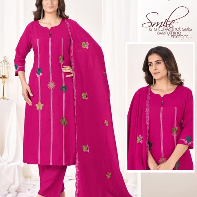 Fuchsia pink with green and golden floral embroidery Kurta Pant Set with Dupatta