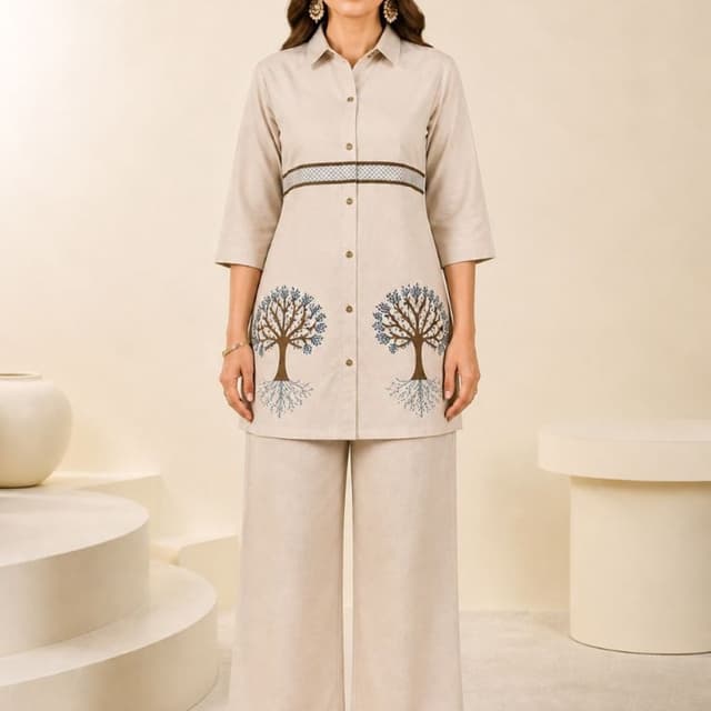 Beige, Brown, Blue, White Tunic and Pants Set