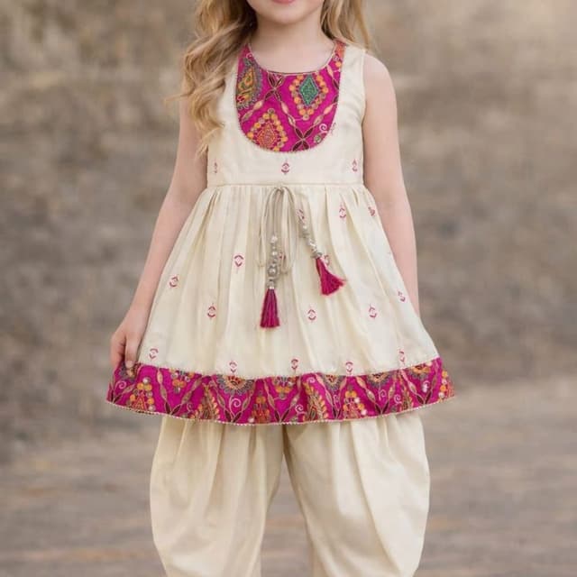 Cream, Pink, Yellow, Green Kurta and Dhoti Set