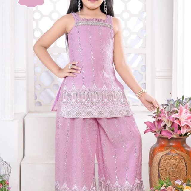 Light Pink, Silver Kurta Set with Palazzo Pants