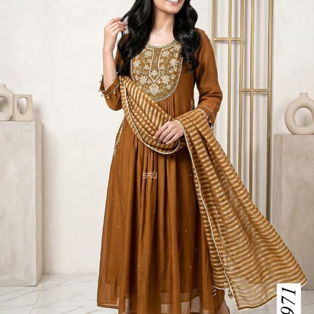 Brown, Gold, White Anarkali Suit