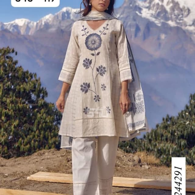 Off-white, Navy Blue Kurta Set