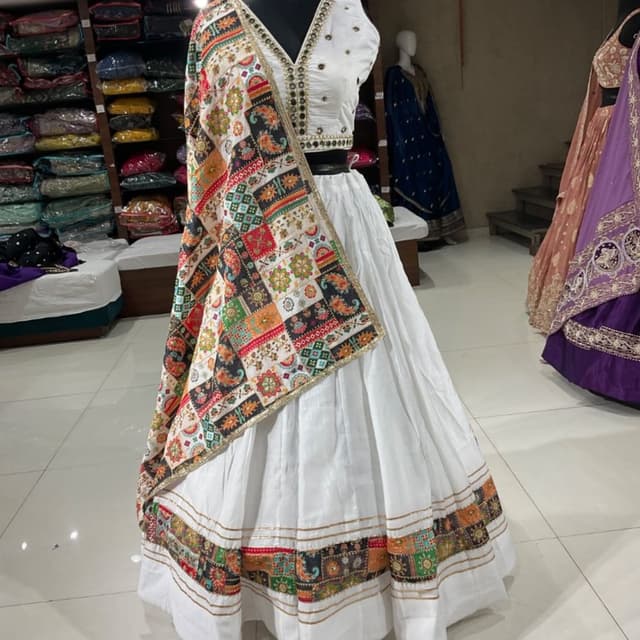White, Multi-color (Orange, Green, Red, Black, Yellow) Lehenga Choli