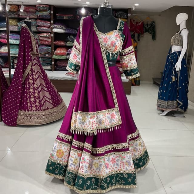 Purple, Green, White, Pink, Yellow, Gold Lehenga Choli