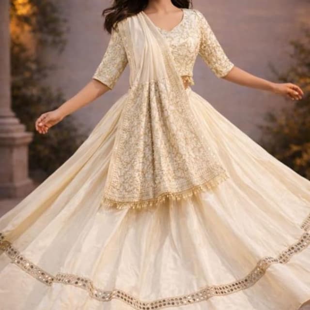 Cream, Gold Lehenga Choli