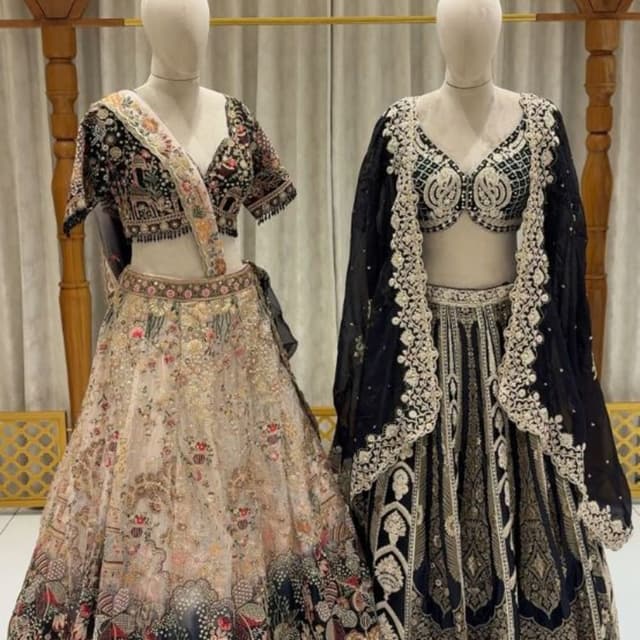 Multi-colored (peach, black, gold, red, green, blue), Black and Gold Lehenga Choli