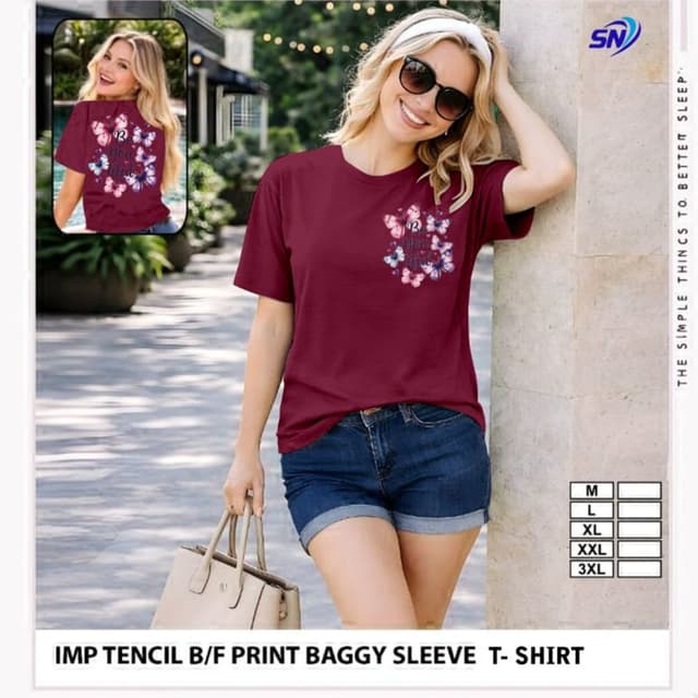Maroon with multi-colored butterflies T-Shirt