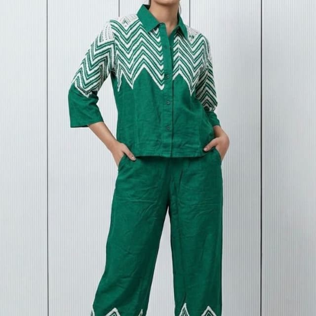 Green, White Co-ord Set (Shirt and Pants)