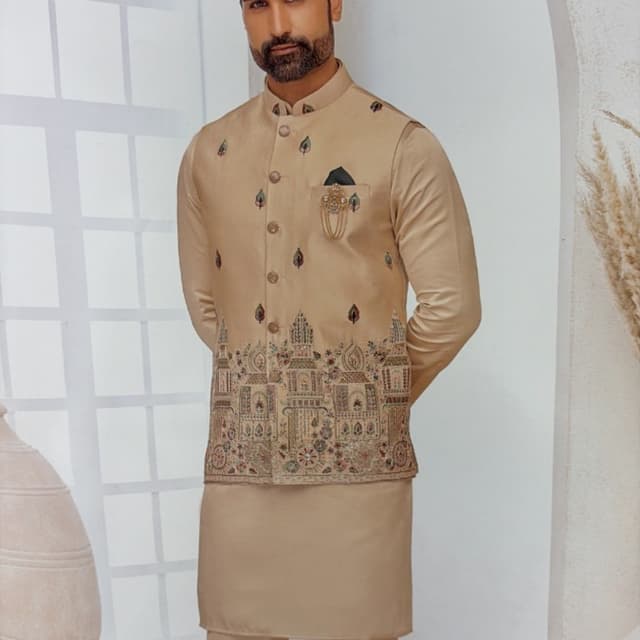 Beige, Brown, Green, Maroon, Gold Kurta Pajama with Nehru Jacket